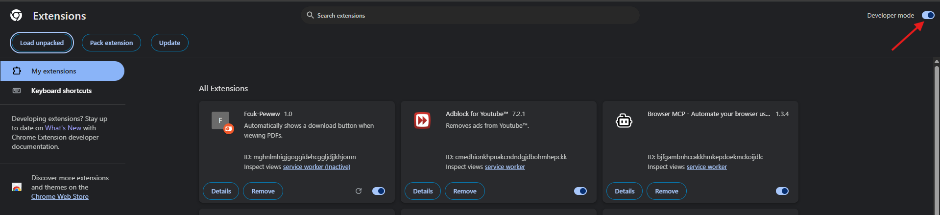 Chrome extensions page with the Load unpacked button highlighted